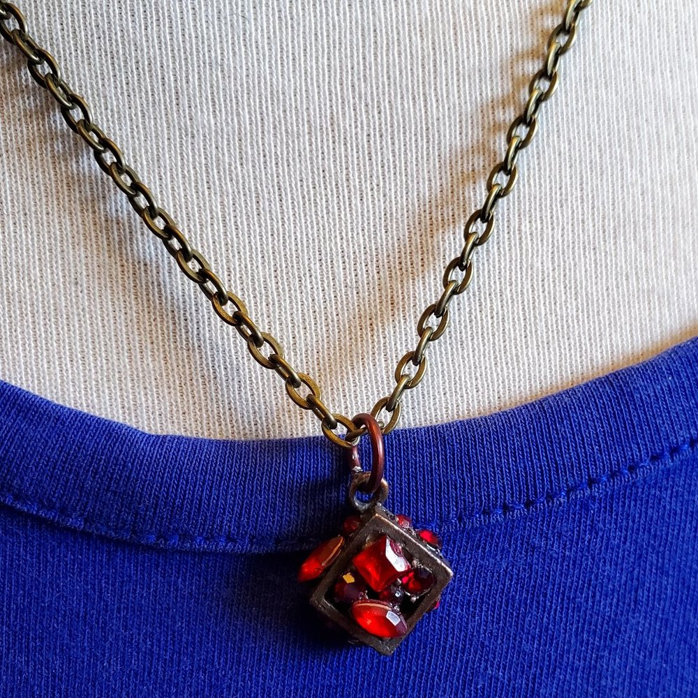 18" Bronze Chain Red Rhinestone Square Necklace